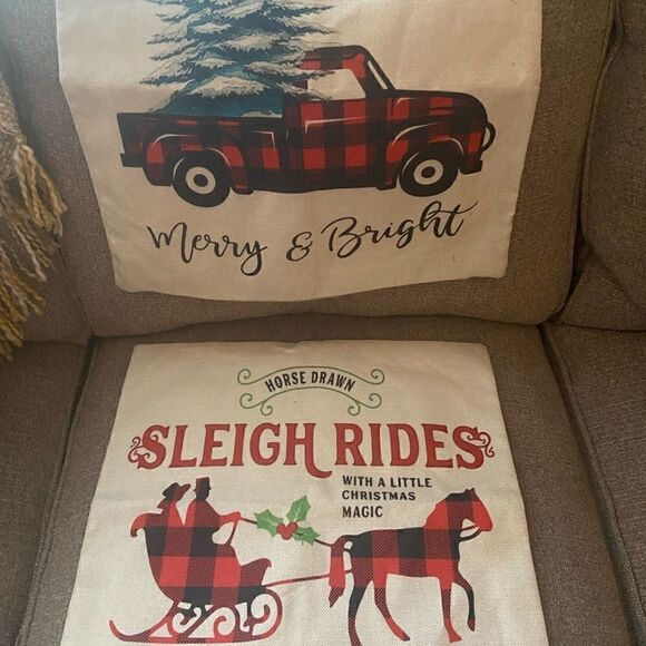 Set of 2 Christmas Pillow Covers Sleigh Rides and Merry & Bright Truck 17x17” - Picture 1 of 5